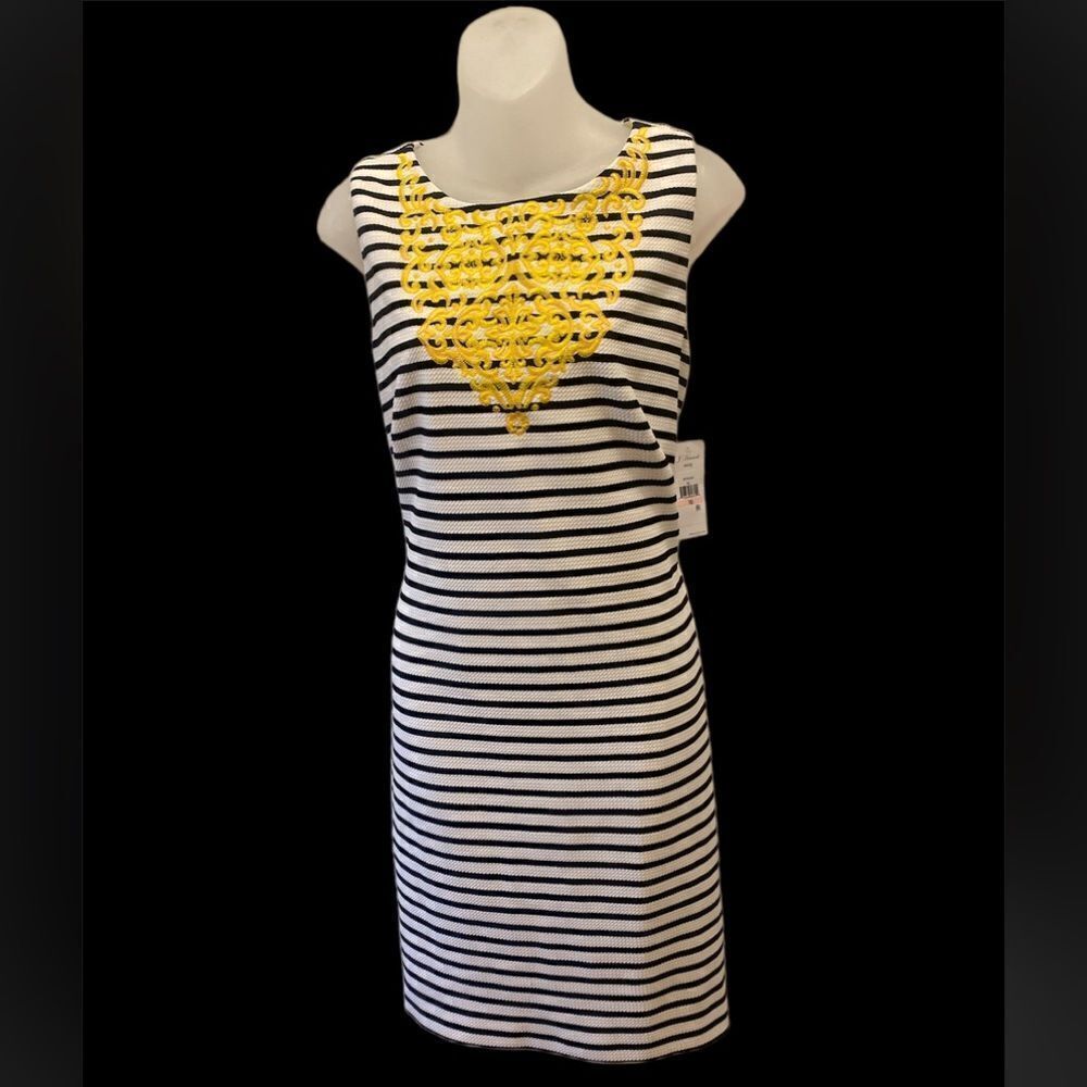J. Howard Black White Yellow Striped Dress Business Casual Wedding Casual 10 NWT
